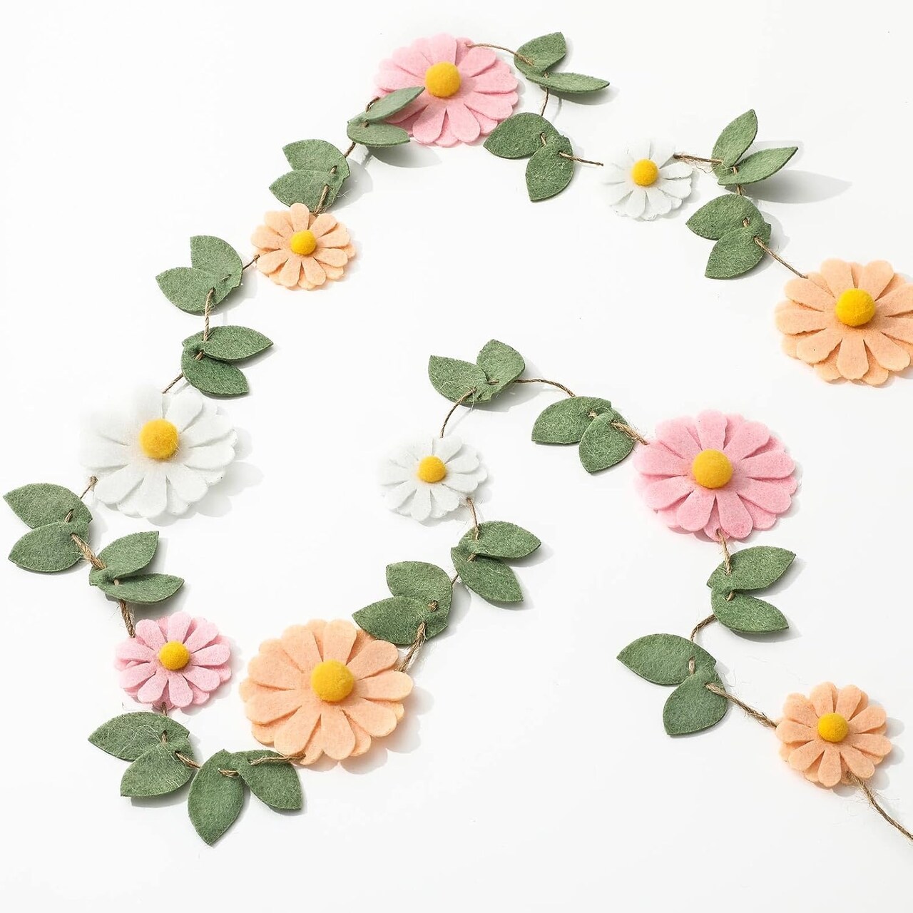 Three color boho daisy felt garland with floral design, perfect hanging decoration for summer parties, birthdays, baby showers, weddings, and backdrop displays